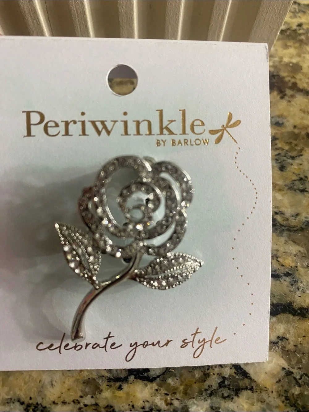 Periwinkle by Barlow Silver Rose Crystal Brooch about 1 3/4 in long NWT